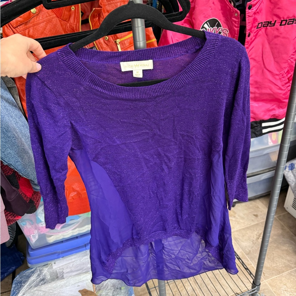 Nicki Minaj Purple Sheer-Hem Long Sleeve Top